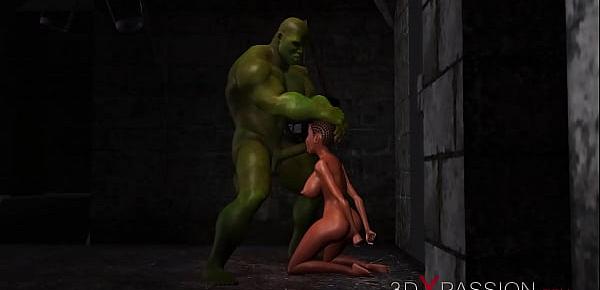  3dxpassion.com. Young horny anal sex slave gets fucked by big green monster in dungeon